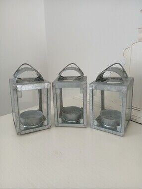 Galvanized Metal Tea Light Lanterns - Set of 3